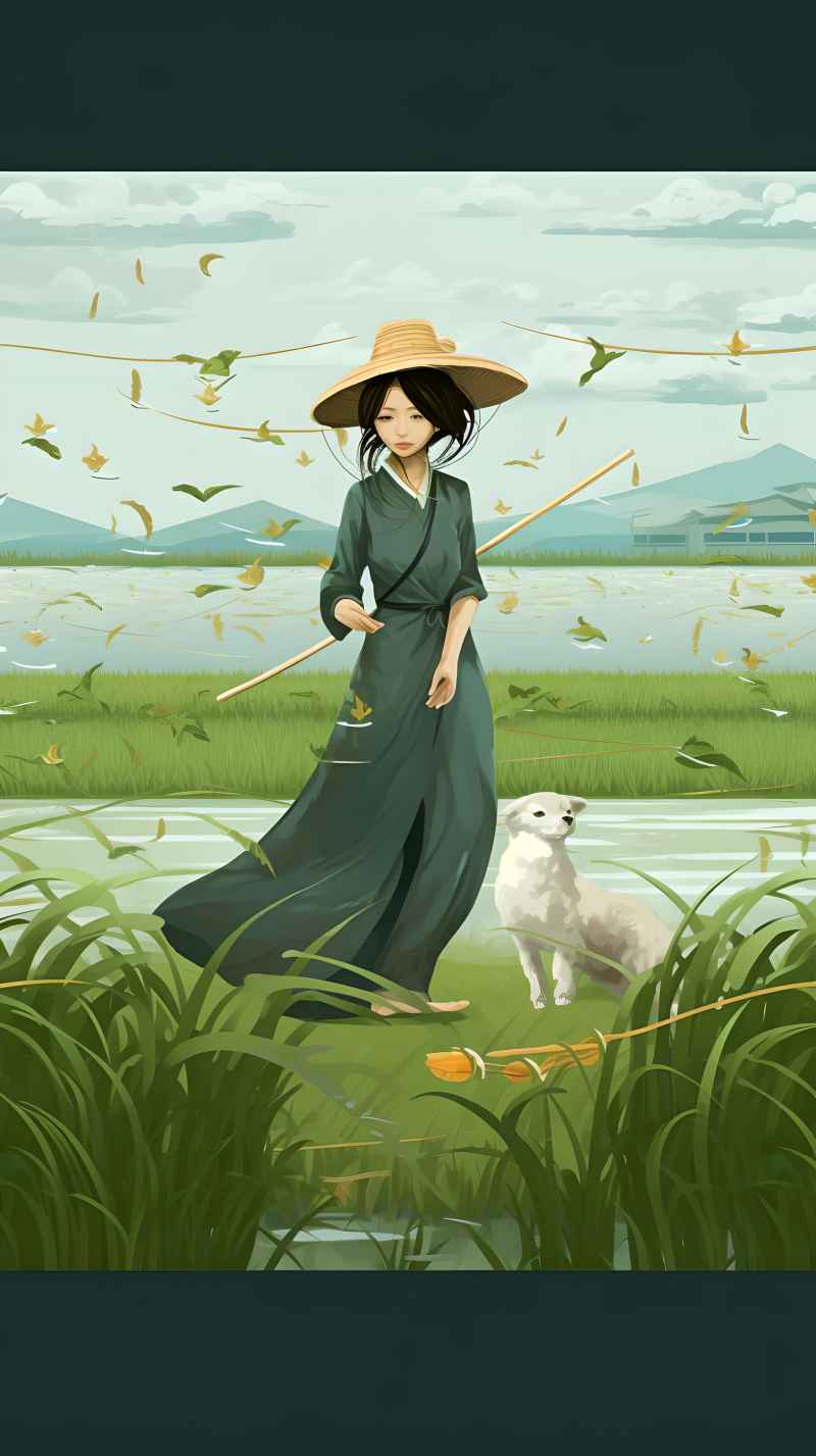 女人站在稻田与狗绿色插画 7