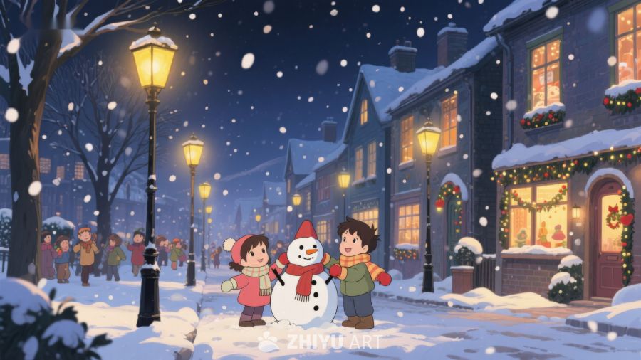 冬夜雪景中孩子们与雪人 125