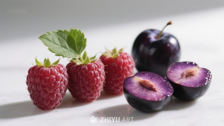 新鲜覆盆子与李子的静物组合