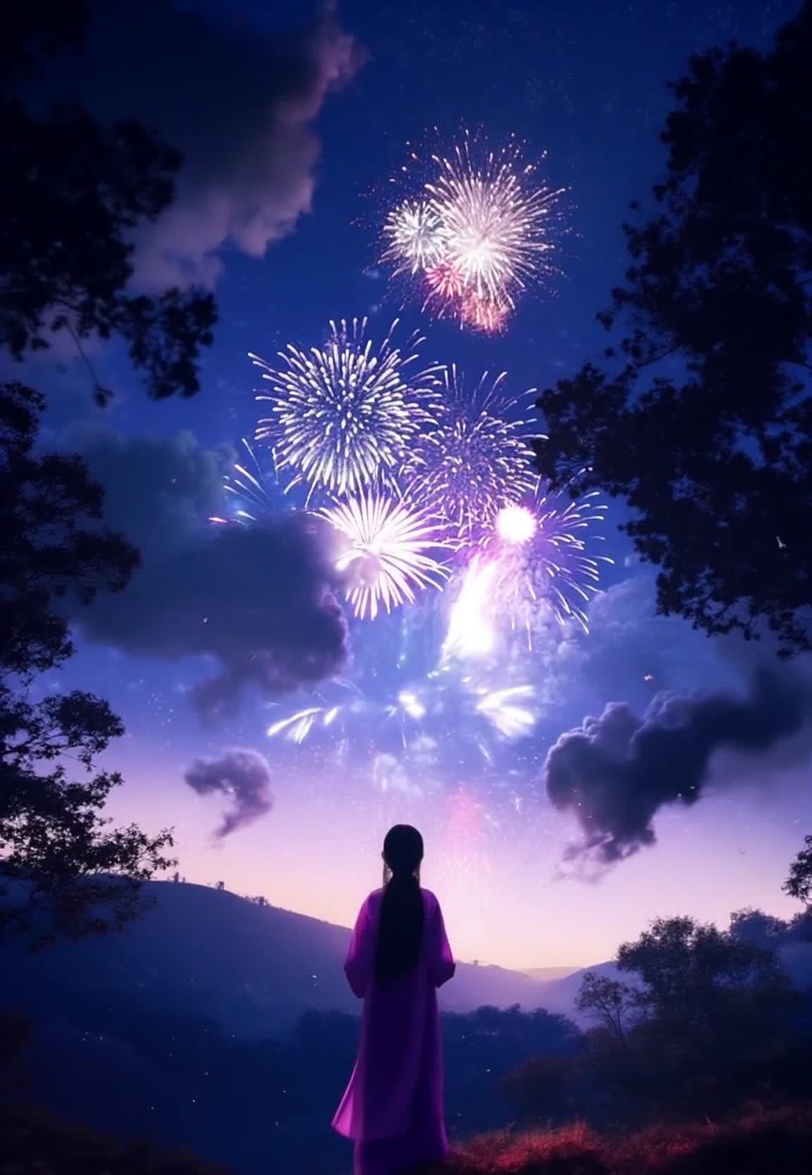 天空绽放着烟花，镜头向前慢慢移动。画面呈现一位背对
