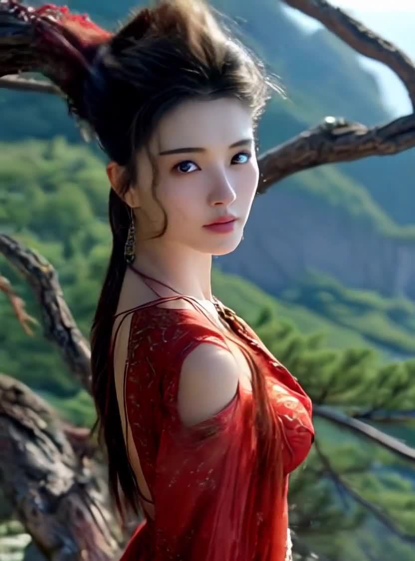 红衣女子凝视镜头，海边风景若隐若现。