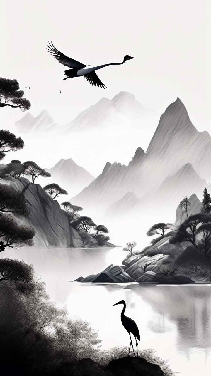 国风山水鹤插画背景 102