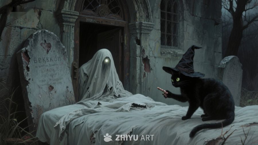 幽灵与黑猫在墓地的神秘邂逅