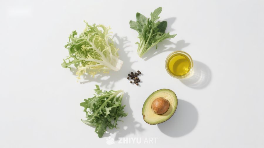 新鲜蔬菜与橄榄油食材摆拍