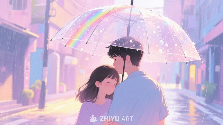 雨中彩虹伞下的温馨瞬间 624