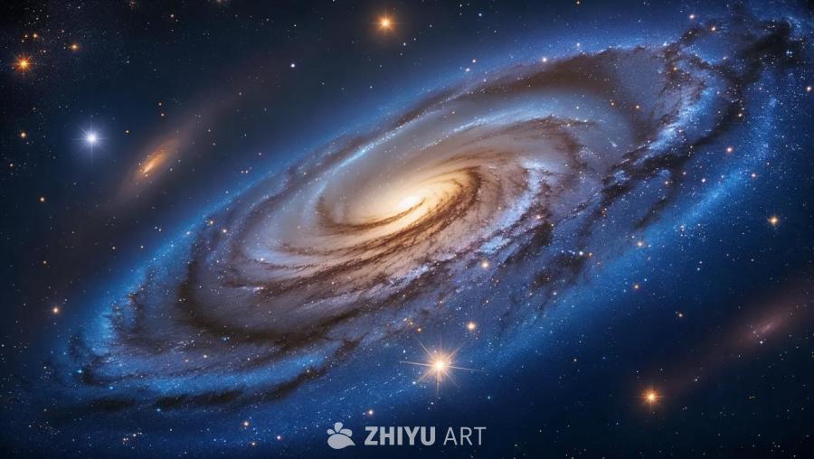 图像中呈现一个螺旋星系，拥有明亮的中心核和旋臂结构