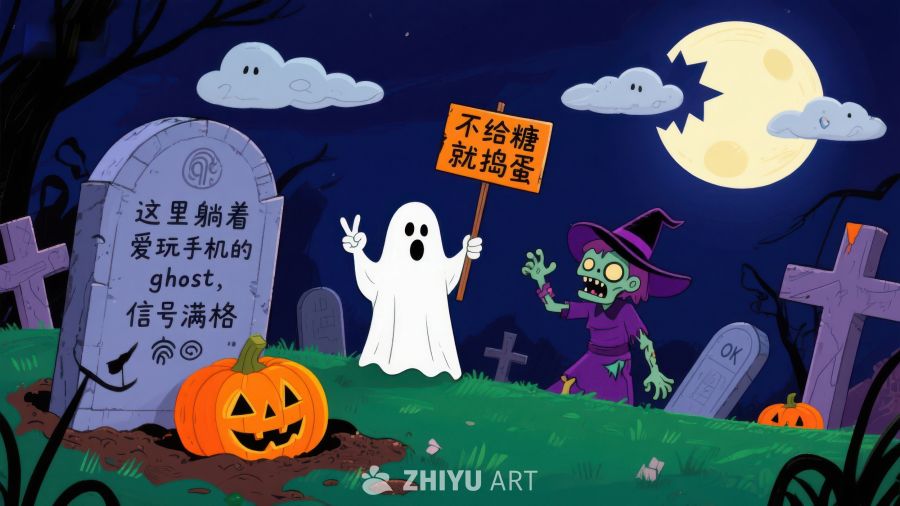 万圣节墓地里的搞笑幽灵与僵尸