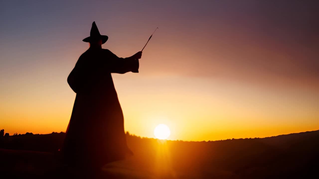 山顶上的巫师挥舞着魔杖抛洒药丸。低角度拍摄捕捉到了