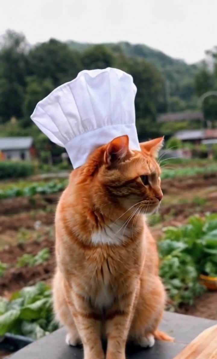 戴厨师帽的橘猫在菜园里，背景有山和房屋