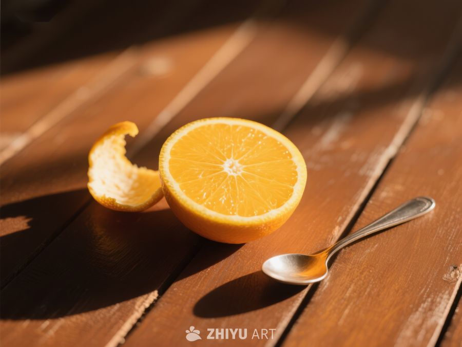 阳光下的橙子与勺子 765