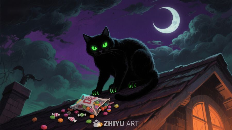 夜空下的黑猫与糖果