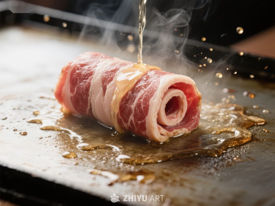 培根包裹肉卷正在煎制
