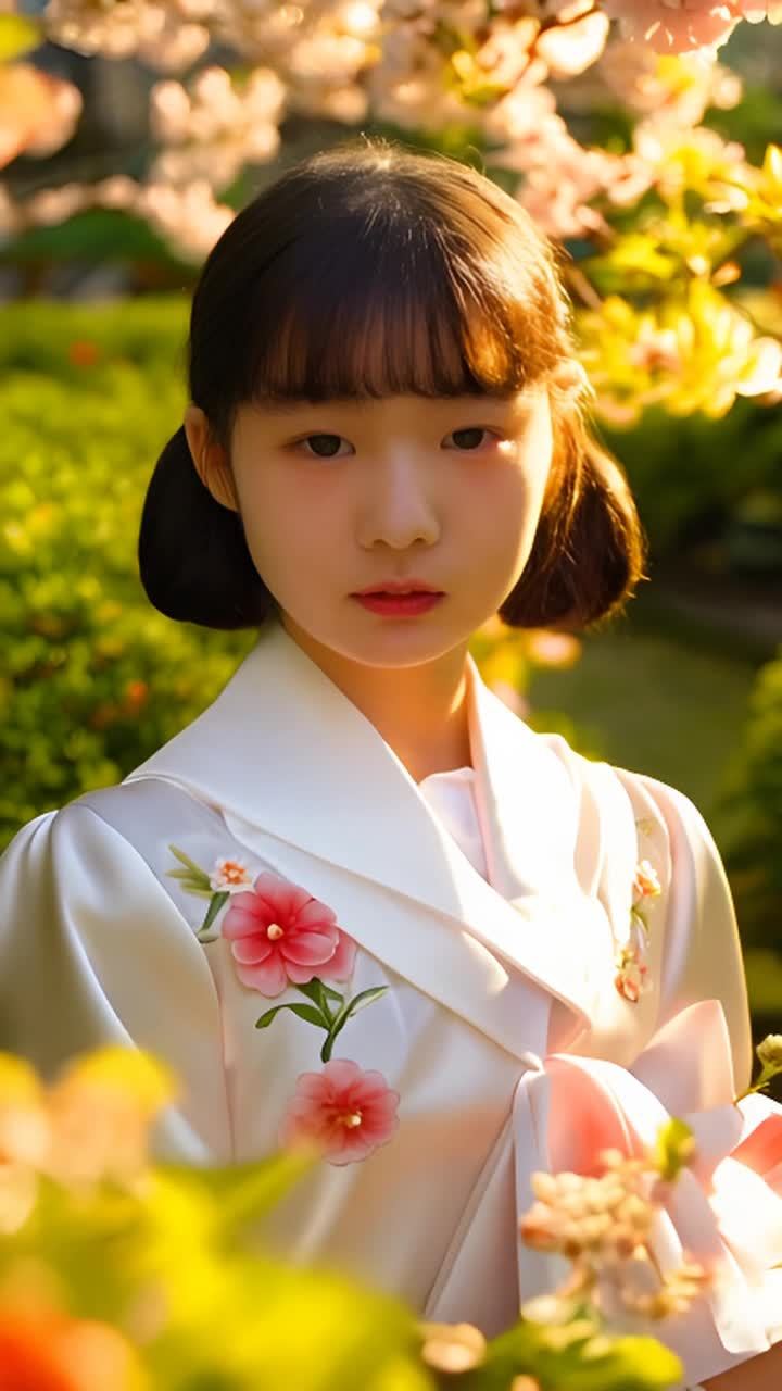 一名身穿白色缎面短袖短裙校服的日本女高中生站在一个