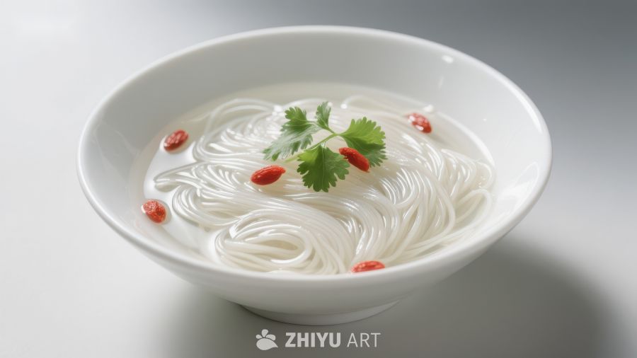 清汤细面配以香菜和红椒点缀