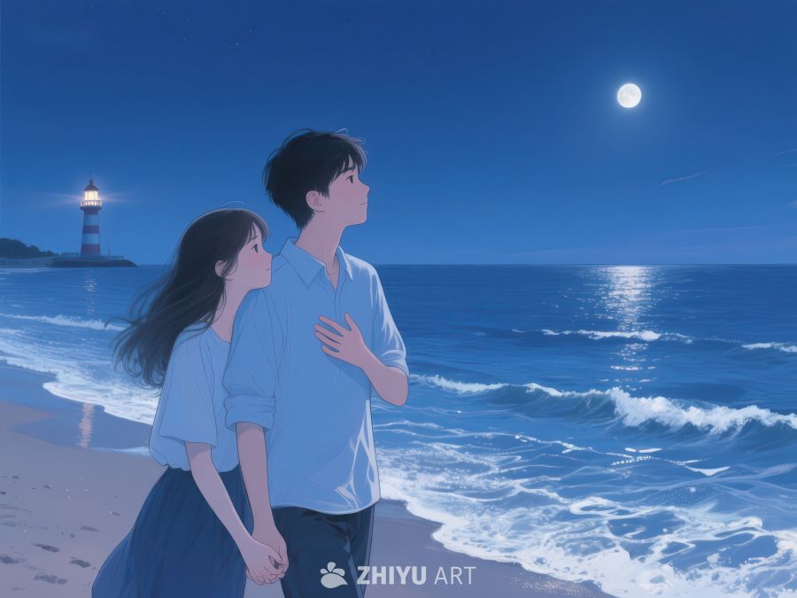 月下海边情侣依偎 1201