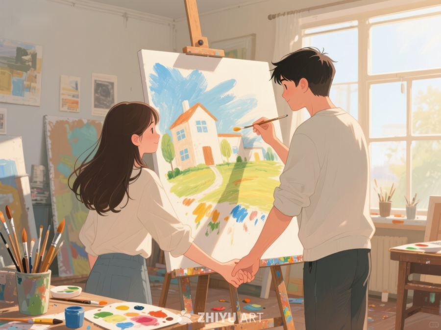 两人合作绘制风景画 466