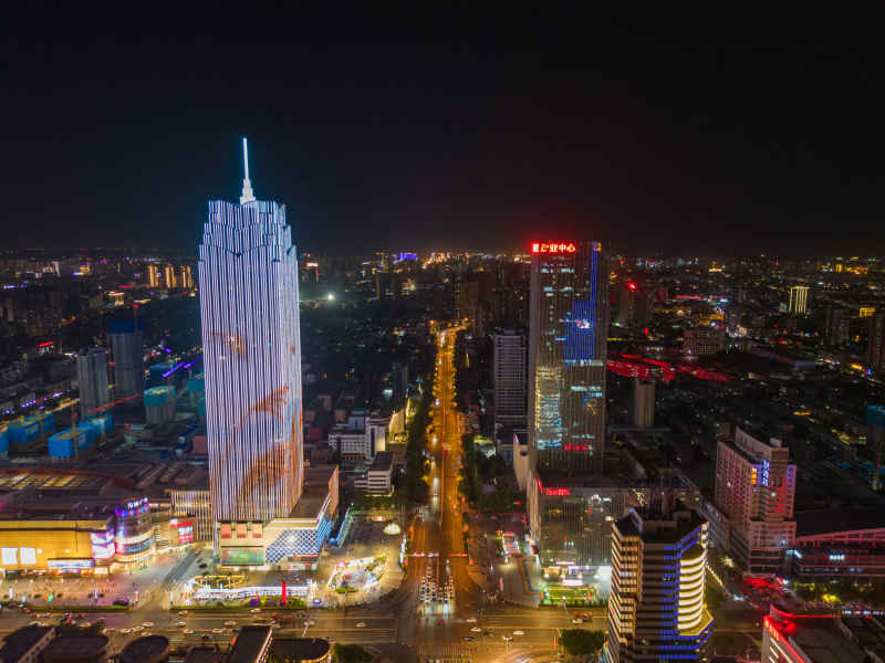 航拍保定万博广场东风中路夜景