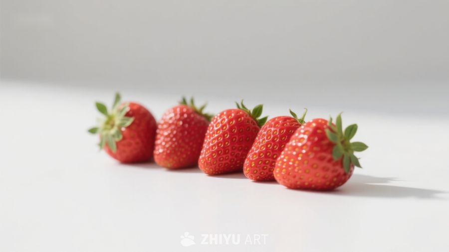 五颗新鲜草莓排列在白色背景上