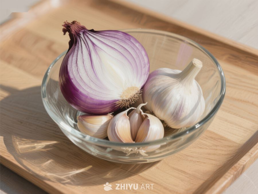 洋葱与大蒜置于透明碗中 808