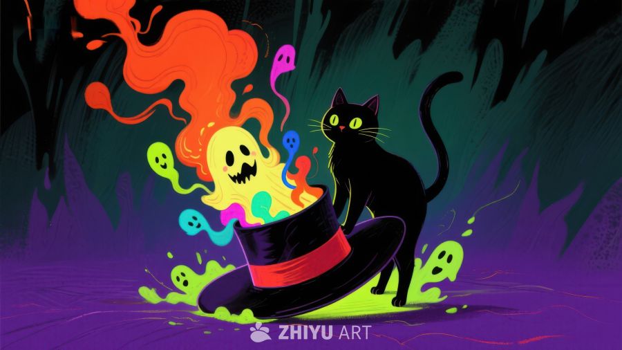 魔法帽中冒出的幽灵与黑猫