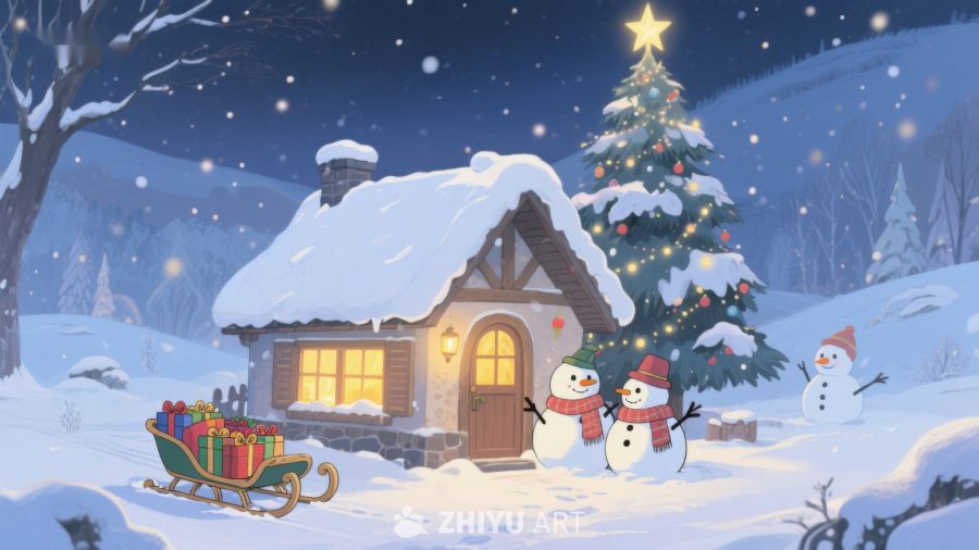 雪夜温馨小屋与圣诞树 423