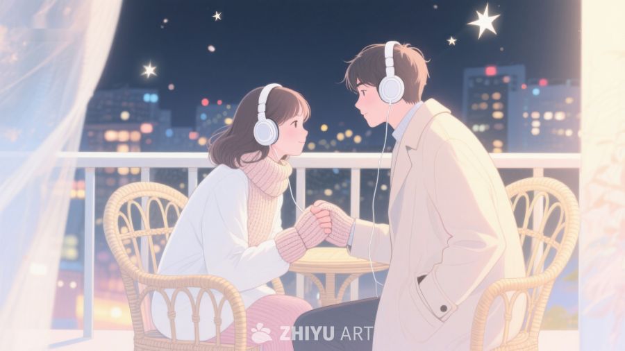 夜晚阳台上的耳机情侣 586