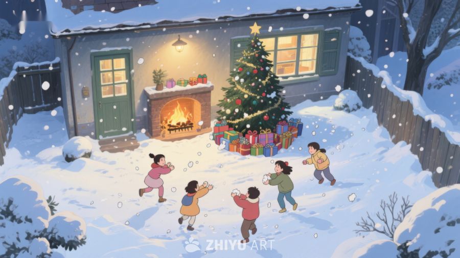 雪中欢庆圣诞，孩子们嬉戏打雪仗 507