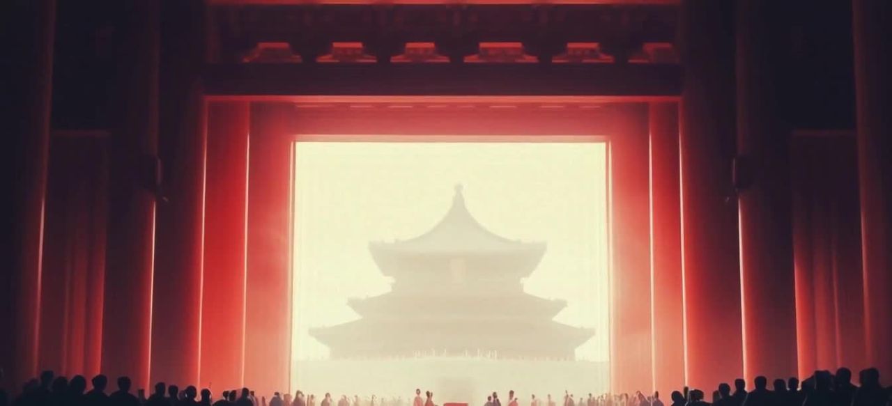 红门建筑剪影，人群聚集，迎接未知命运。