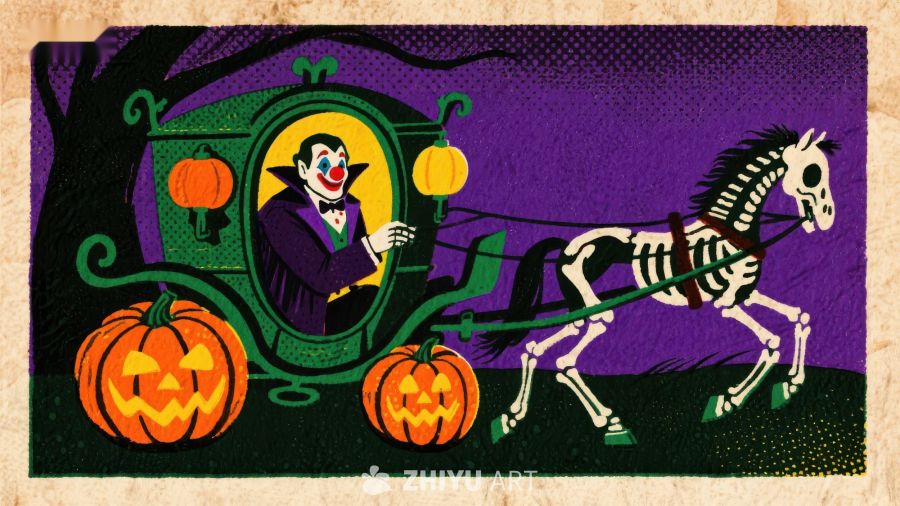 骷髅马车与南瓜灯的万圣夜景