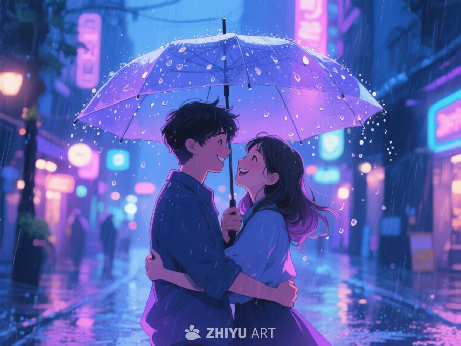 雨夜伞下情侣温馨相拥 1060