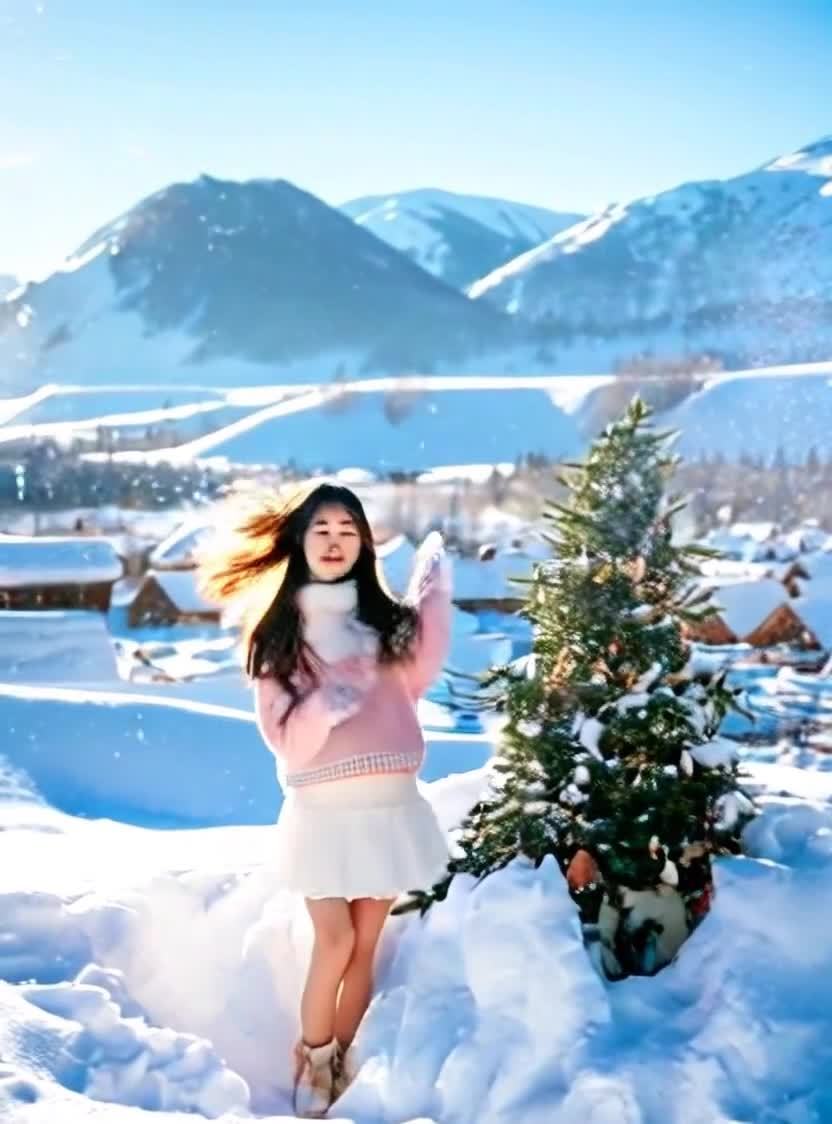 雪地少女与圣诞树的冬日欢乐