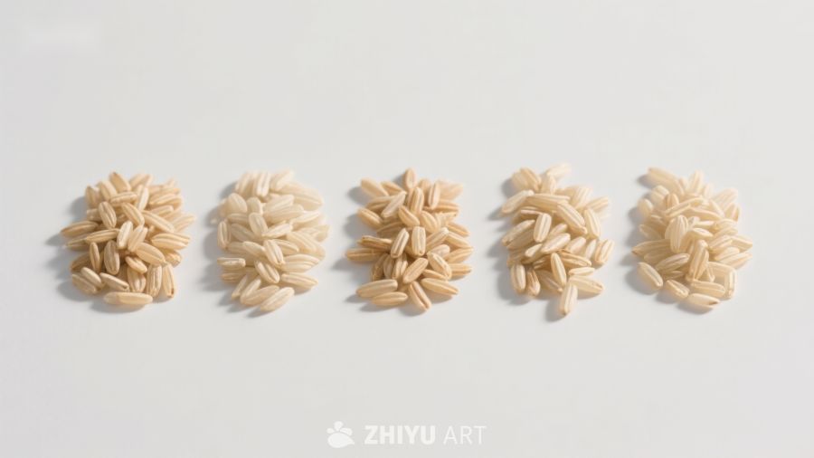 五堆不同种类的米粒排列