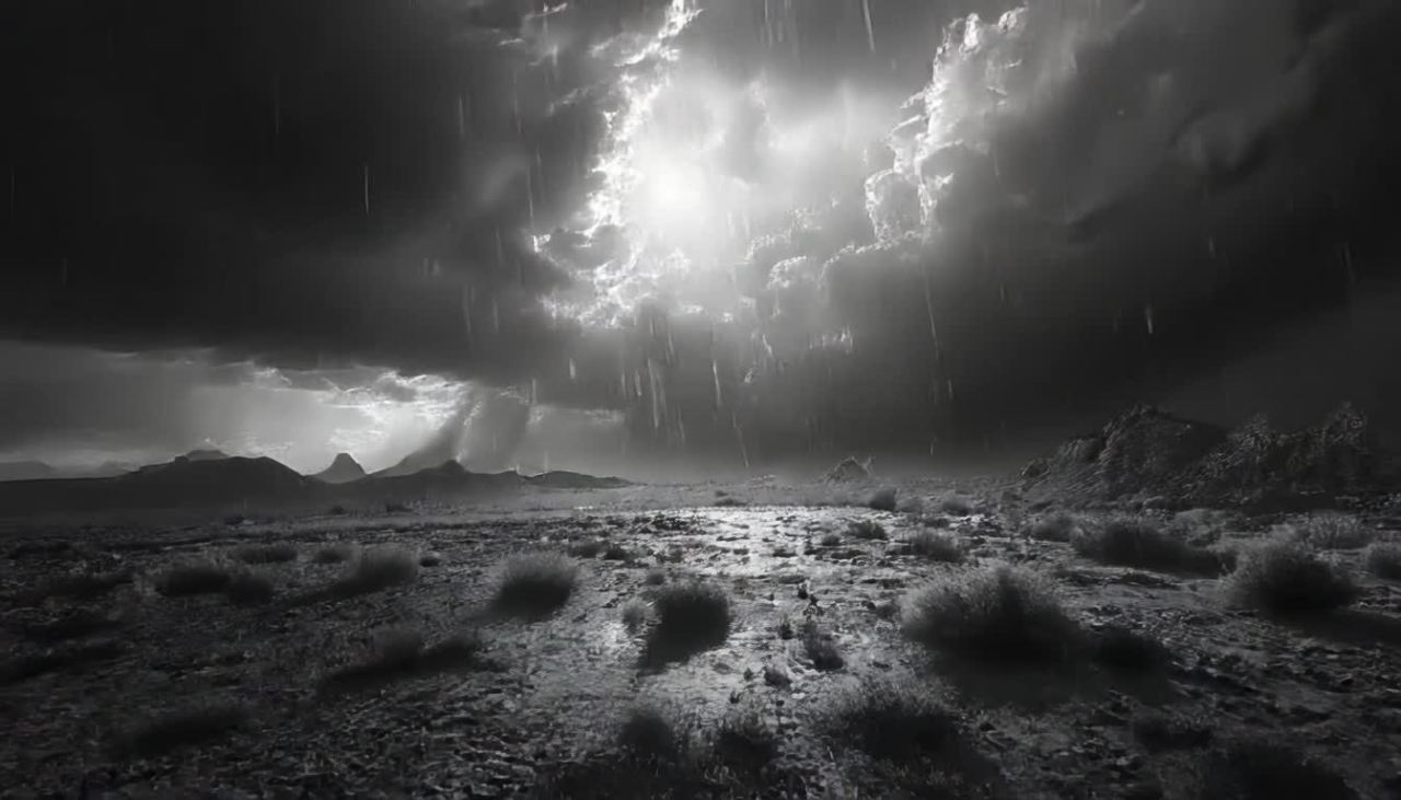 黑白画面中，荒凉的沙漠场景下着雨，天空阴暗多云，云