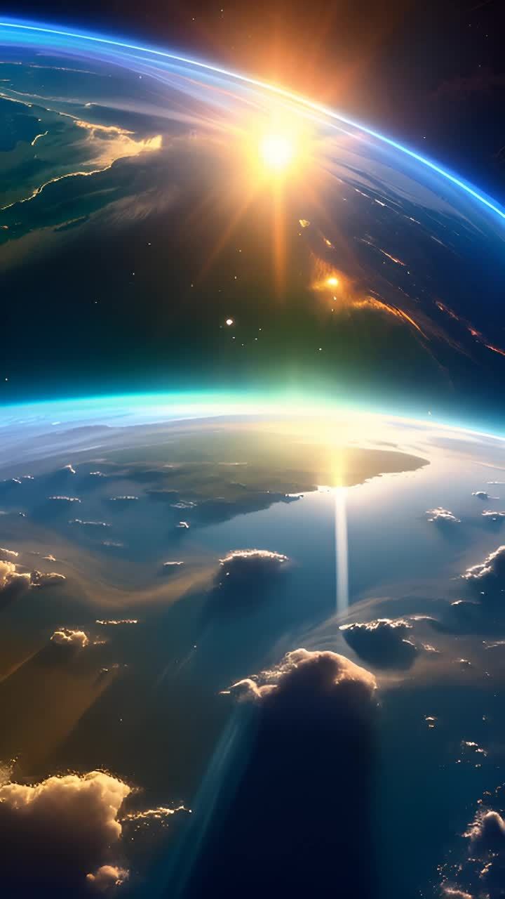 一颗巨大的蓝色和绿色的地球悬挂在漆黑的太空中，镜头