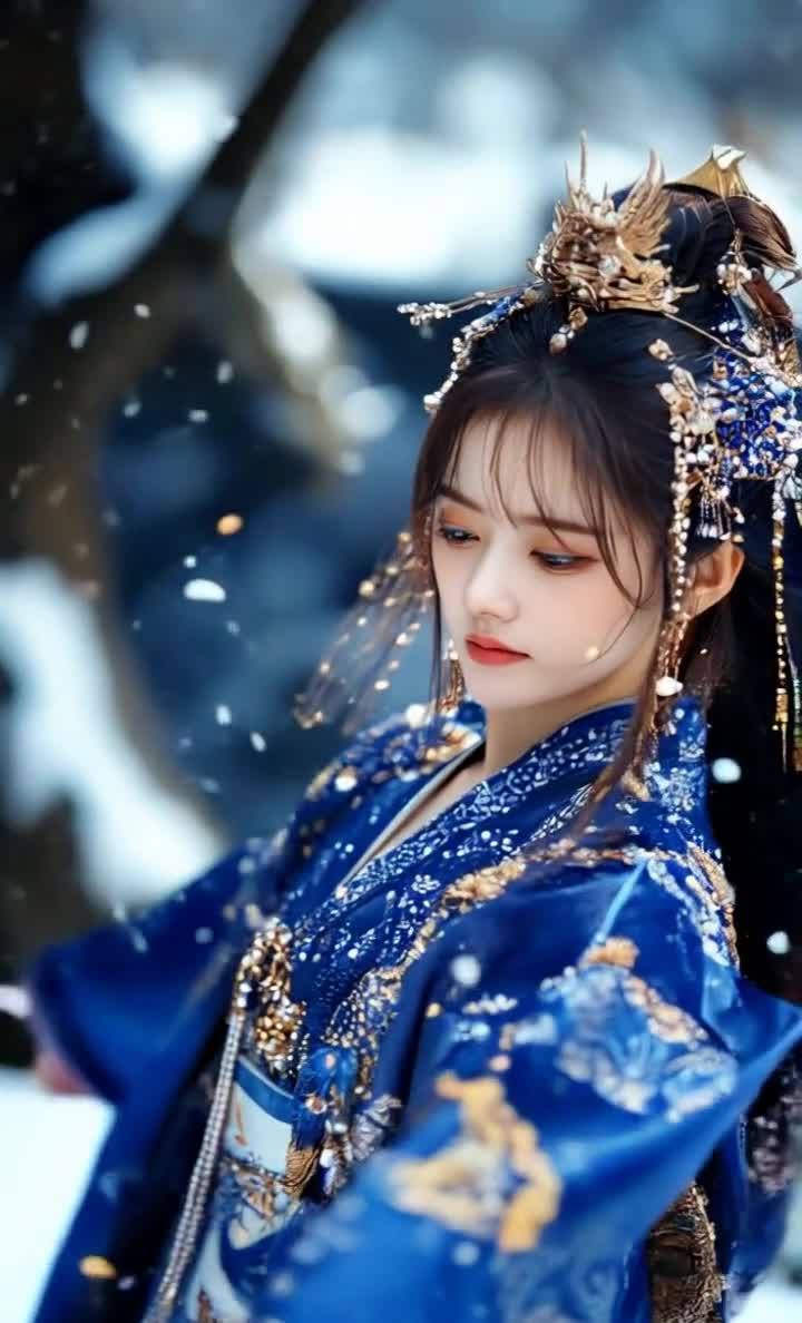蓝色华服金色发饰女子雪夜星光