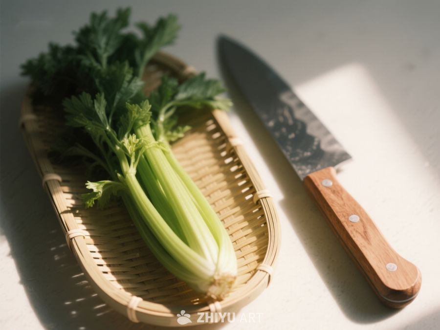 芹菜与刀具静置竹篮 304