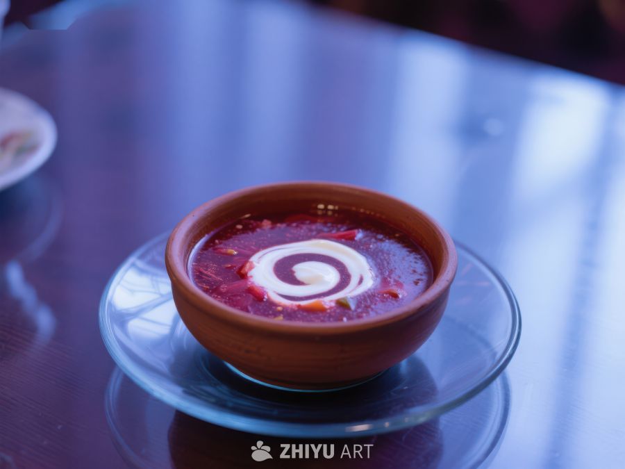红汤配奶油旋涡，置于陶瓷碗中 189
