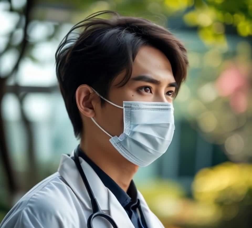 一位年轻的亚洲男性，戴着医用口罩，身穿白色医生制服
