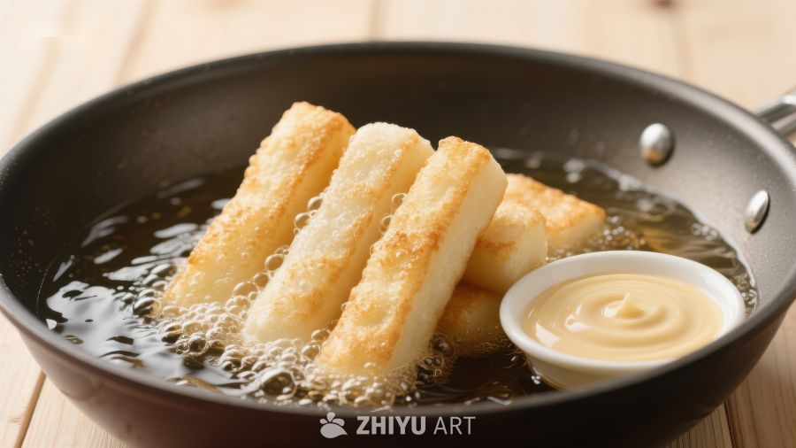 金黄薯条油炸锅中滋滋作响