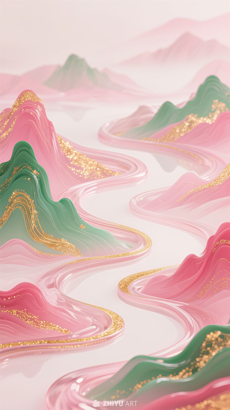 金箔中国风山水河流插画背景素材 6