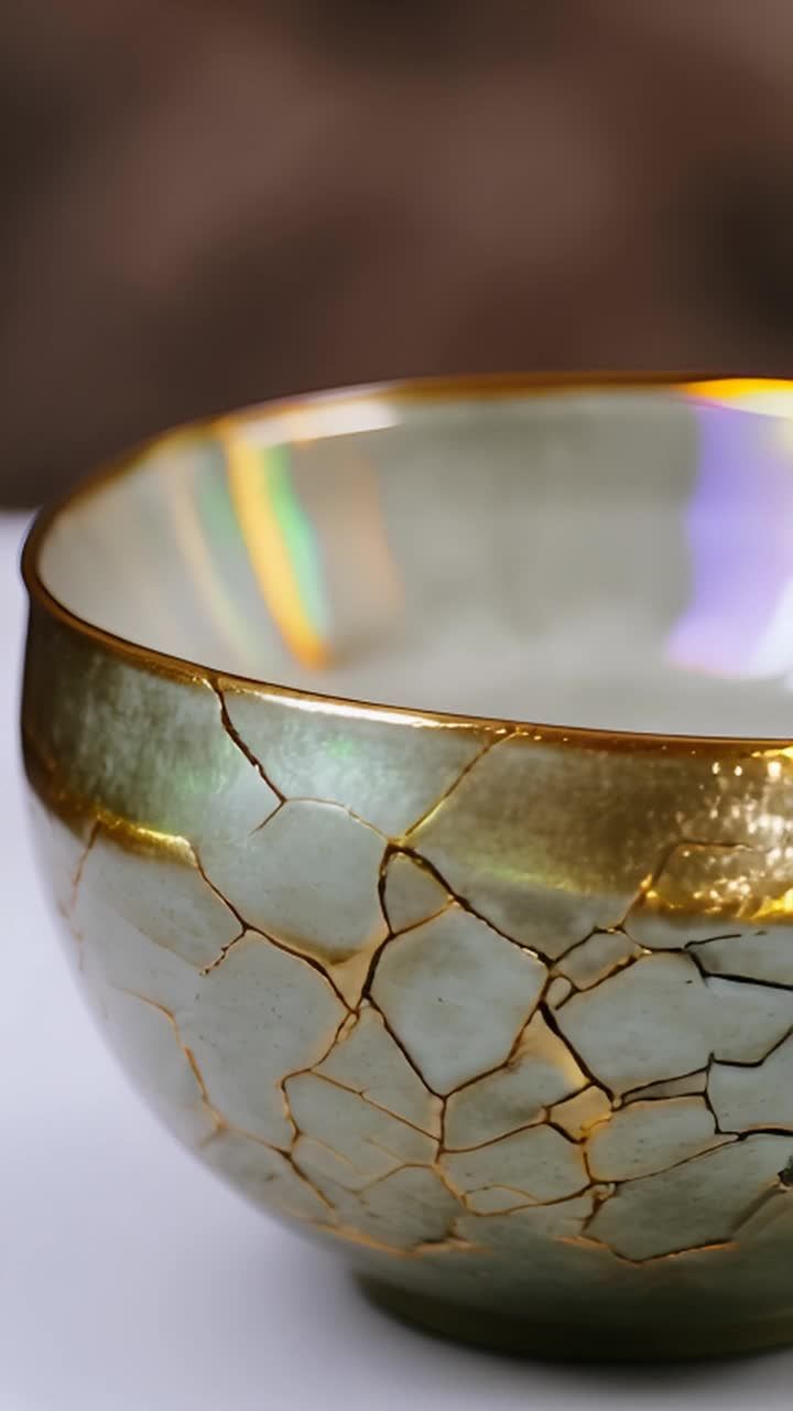 一个金缮碗正在缓慢旋转，展示其金色裂纹和错综复杂的