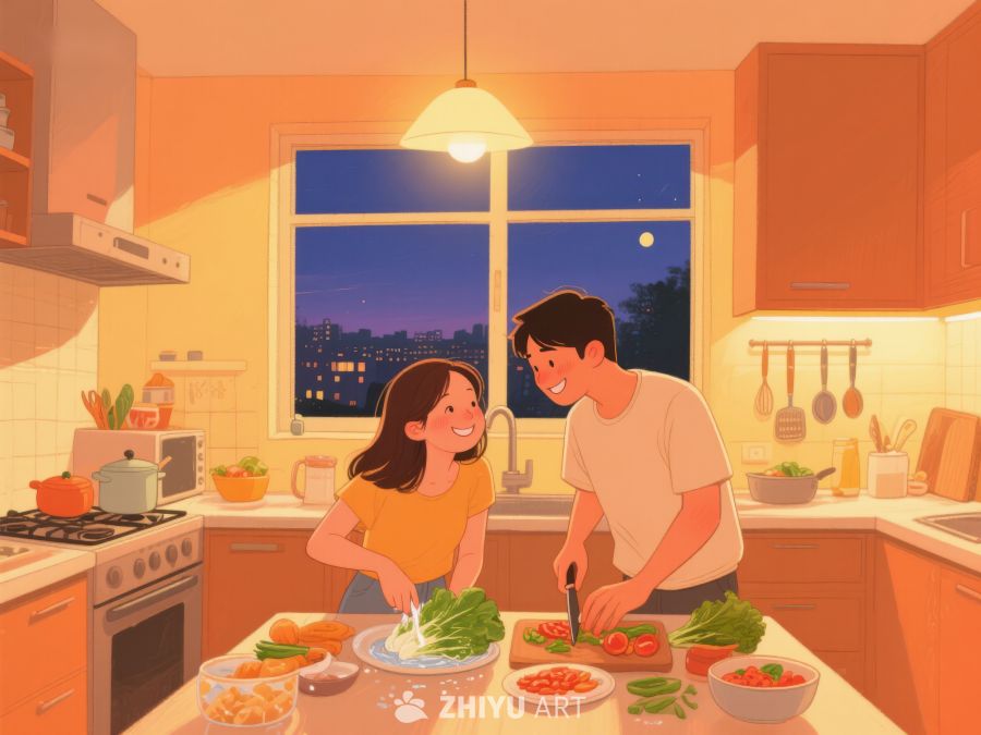 温馨厨房里的晚餐准备 732