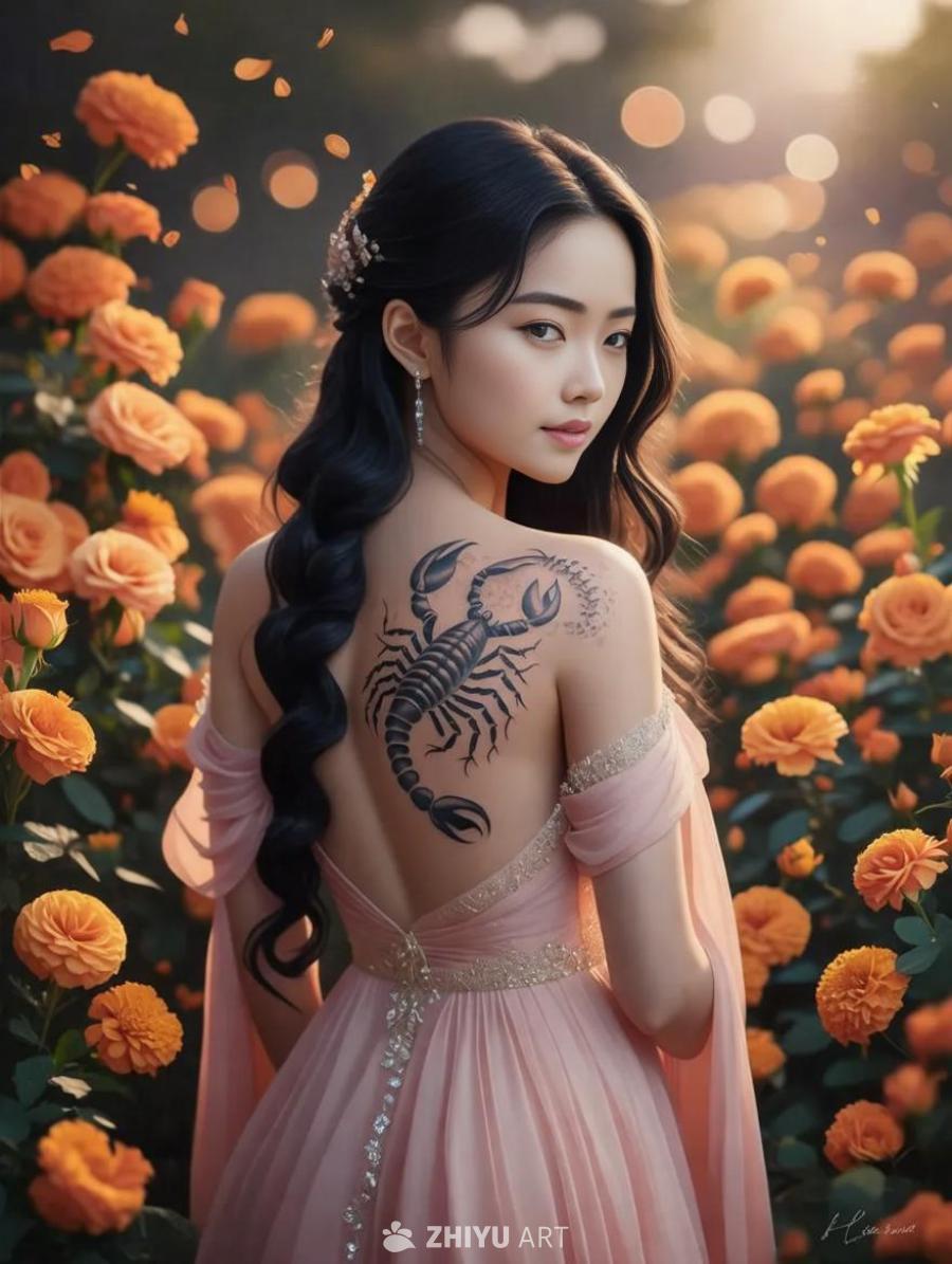 一位年轻女子背部有天蝎座纹身，她有着乌黑的长发，身