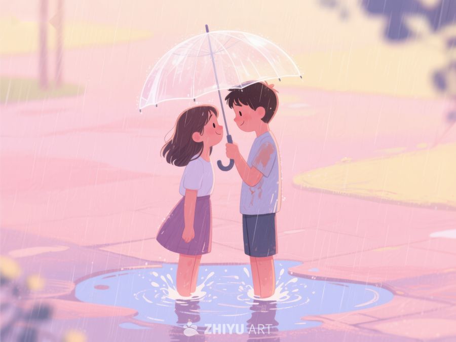 雨中伞下，两人共赏水池倒影 1174
