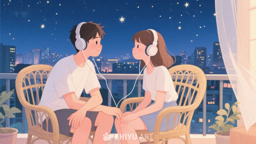 夜晚阳台上的耳机时光 599