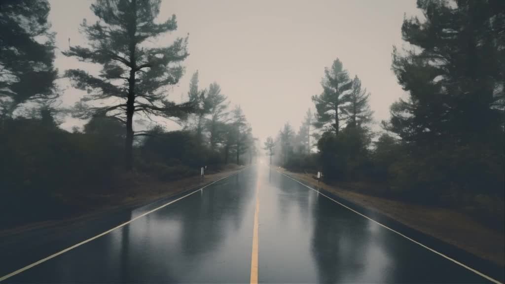 湿漉漉的道路反射着周围的景物。道路两旁是茂密的树林