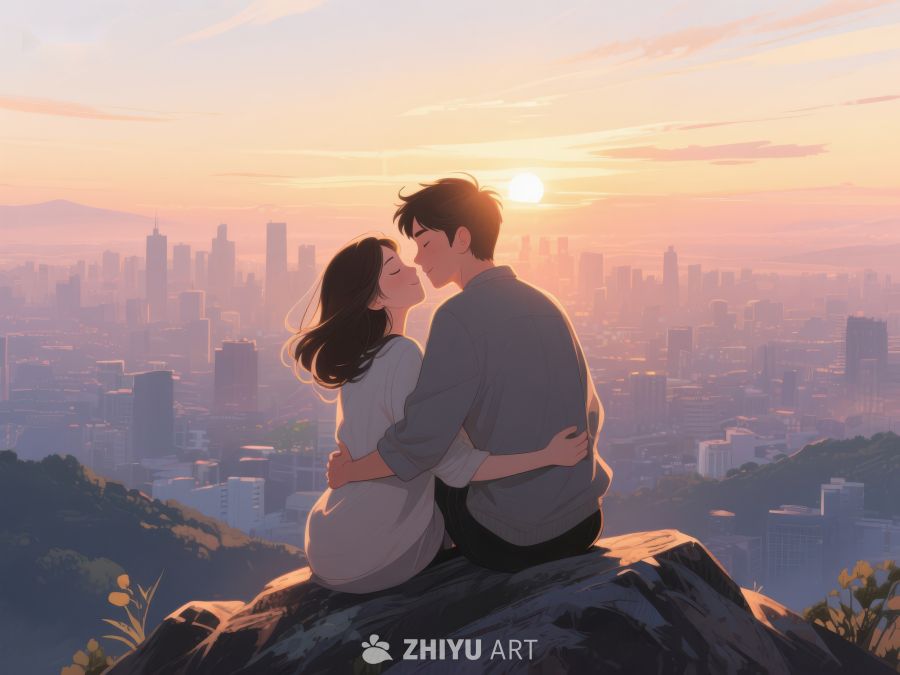 情侣山顶相拥，城市夕阳美景 548