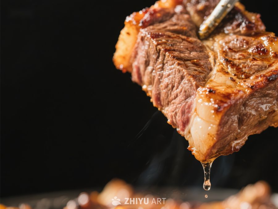 烤牛肉特写，汁液滴落