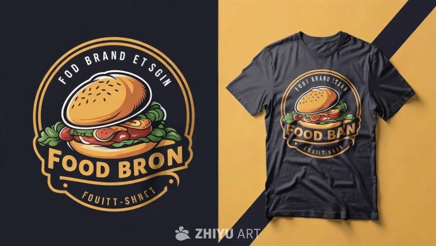 一个深色背景上展示了一个食品品牌的T恤标志设计，该