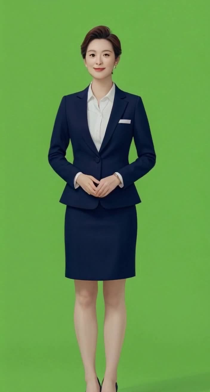 职场女性深蓝色套装，绿色背景，精致妆容。